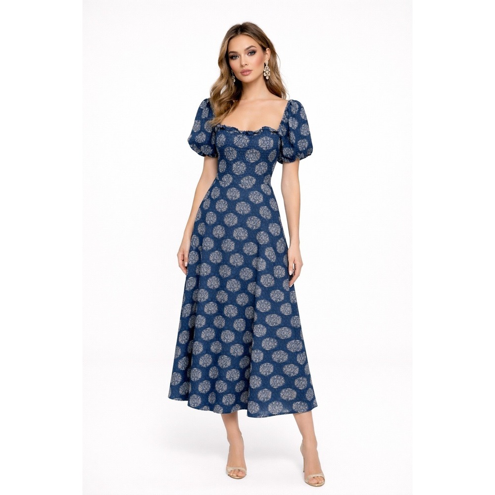 Dizzy Lizzy Womens Blue Floral Smocked Puff Sleeve Midi Dress Size S NWT